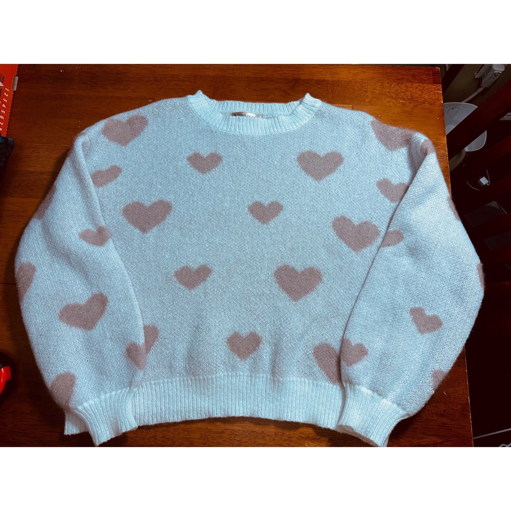 Womens cream Heart Pattern Knit Crewneck Sweater Relaxed Fit Pullover